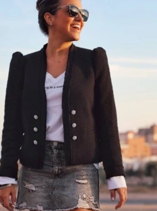 BNWT ZARA BLACK FRAY HEM BLAZER WITH CUFFS POPLIN BUTTONS GEMS JACKET TRINNY XL - Image 3 of 4