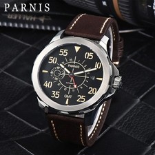 Orologio da polso uomo meccanico automatico Parnis GMT indicatore data cinturino pelle nuovo