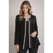 Alex Evenings 2X Black Sparkle Jacket Top Open Front Metallic Trim Party Evening