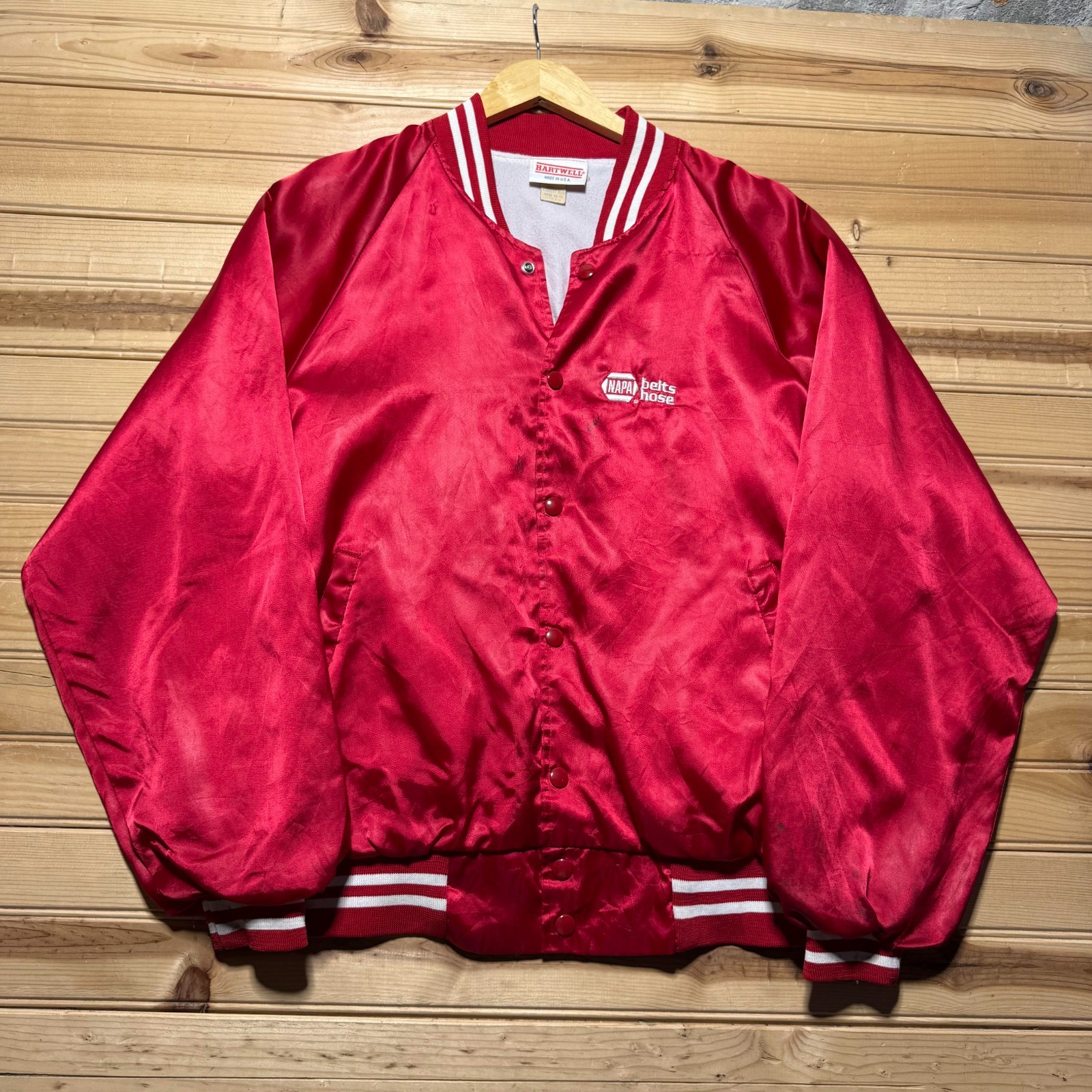 Vintage 80s NAPA Belts Hose Embroidered Full Button Satin Bomber Jacket - Large