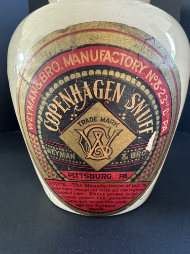 Antique 1800s Weyman & Bro Copenhagen Snuff Jug Jar Crock W/ Near Perfect Label