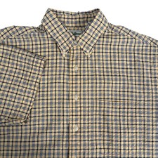 LL Bean Mens M Seersucker Plaid Short Sleeve Button Down Camp Shirt Yellow Navy