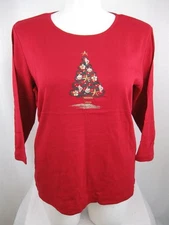 Karen Scott Woman Size 1X Red Crew Neck Cotton 3/4 Sleeve Red Shell Tree Top