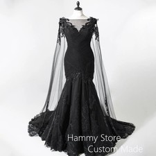 Black Wedding Dress Applique Illusion Back Sweep Train Mermaid Bridal Gown