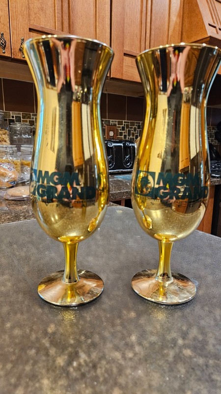 Pair of MGM Grand Lion Hurricane Glass Metallic Gold 20 oz Double Sided