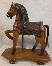 Antique Hand Carved Wood Carousel Horse. 3 Cast Iron Wheels Primative Americana