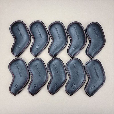 10Pcs TaylorMade Golf Iron Head Covers Leather Magnetic Black 3D Logo 3-9+PAS