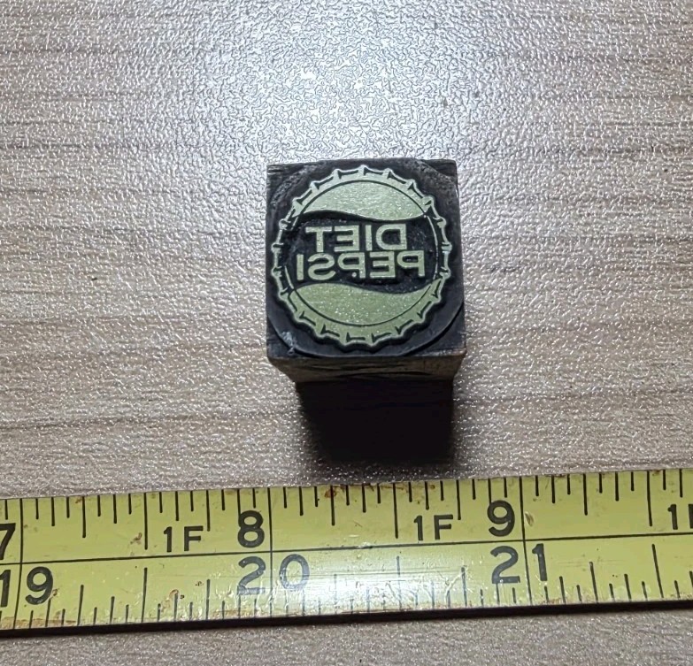 Vintage Letterpress Printing Block Diet Pepsi Soda Bottle Cap Advertising