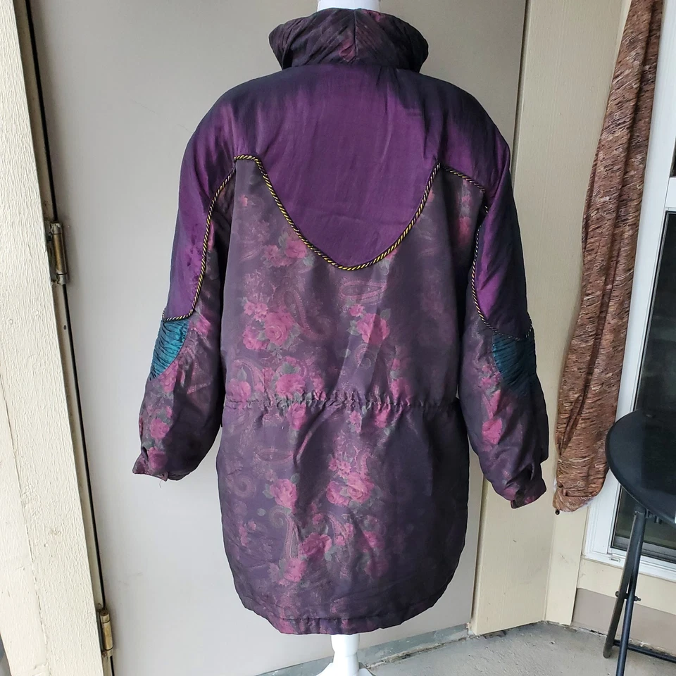 Izzi Vintage 90s Parka Jacket Womens Large Purple Teal Red Floral Pockets Ladies - Image 2 of 4