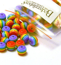 12 Rainbow Stripe 8mm Round Plastic Resin Jewelry Beads With Red - Purple Lines