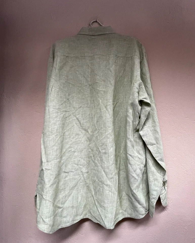 L.L. Bean Men Casual Long Sleeve Shirt Large Button Down 100% Linen Green Pocket - Image 2 of 4