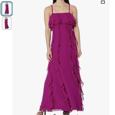 Tahari Dress Womens 4 Pink Magenta Sleeveless Flutter Flounce Gown Maxi Ruffle
