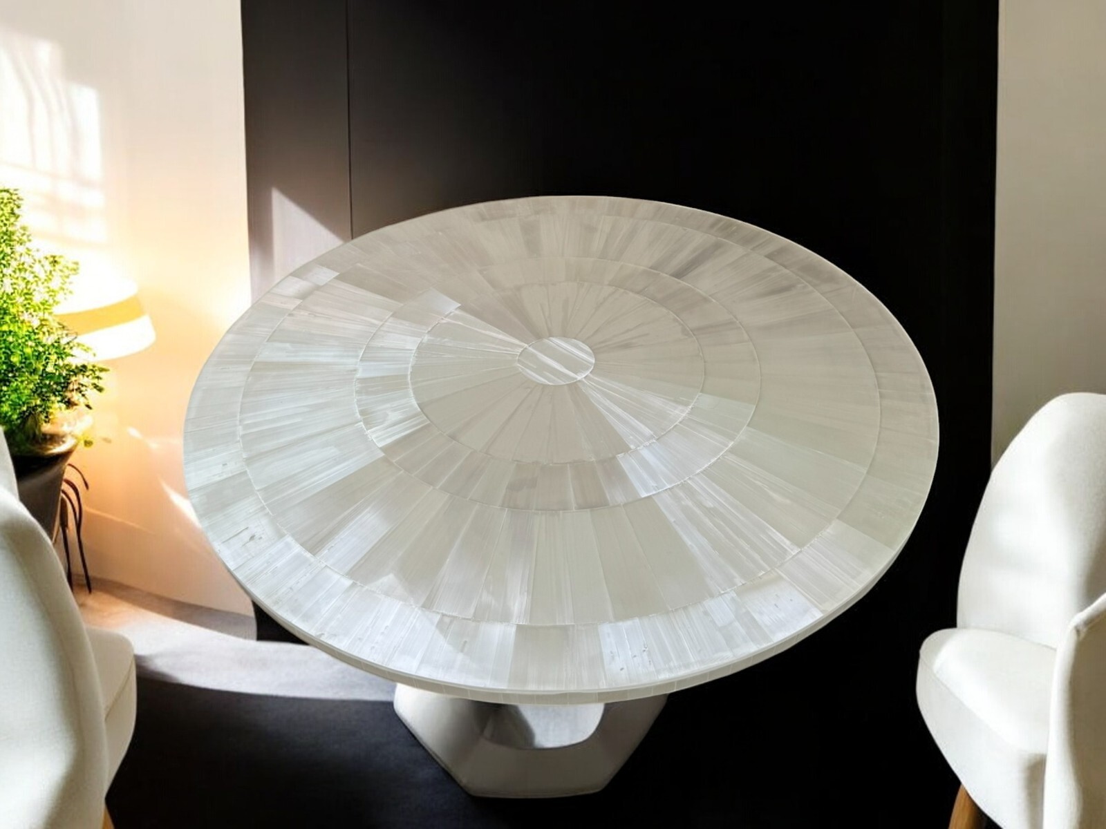 Round Selenite Table Top Handmade Sunburst Gemstone Luxury Garden Furniture Deco