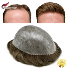Mens Toupee Human Hair Replacement System Injection Poly Skin Hairpiece Wigs US