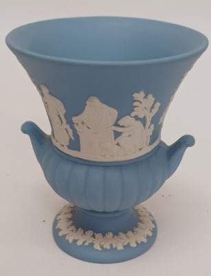 Vintage Wedgwood Embossed Blue Jasperware Mini Grecian Urn Vase 3.5''