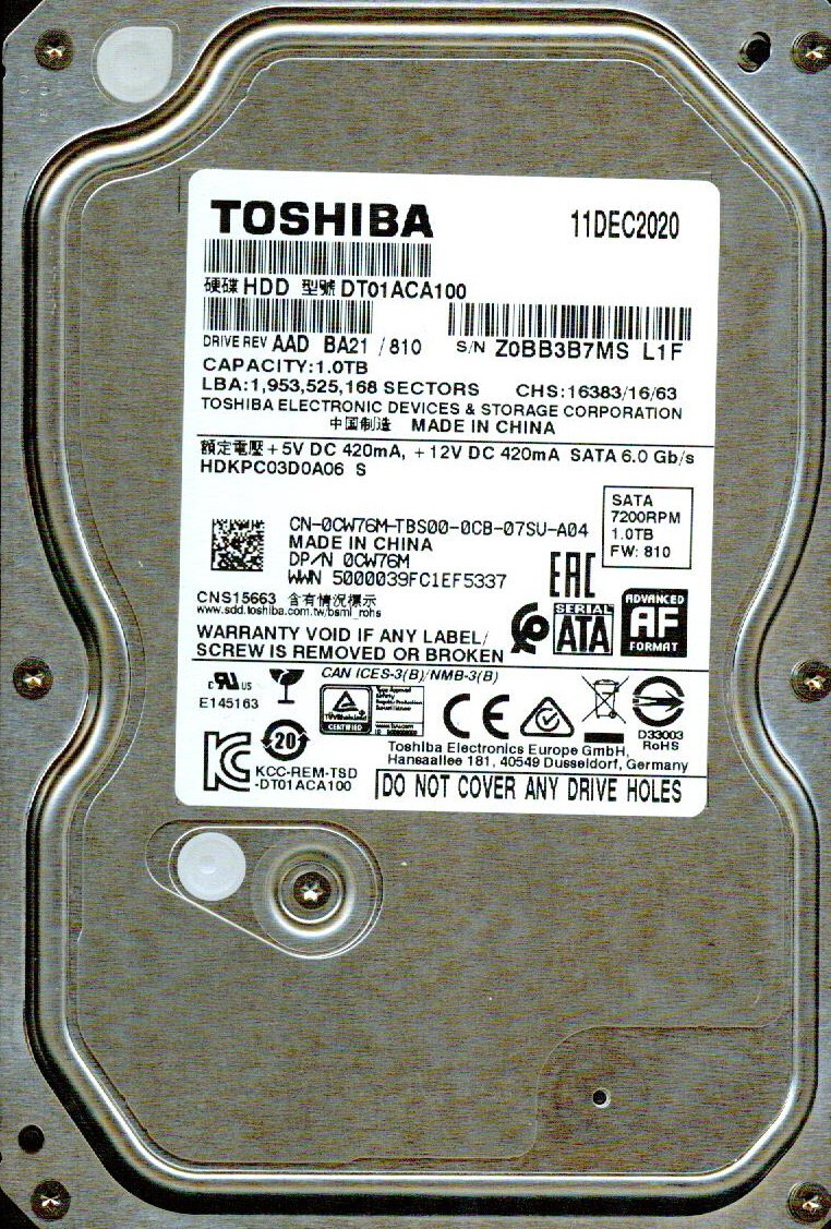 DT01ACA100, AAD BA21/810 HDKPC03D0A06 S TOSHIBA SATA 1TB L1F DEC