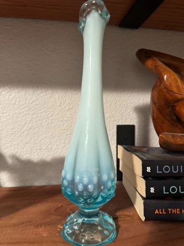 Vintage Fenton Blue Opalescent Hobnail Bud Vase / Swung Vase 10”