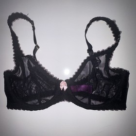 Agent Provocateur Black Sheer Mesh Underwire Bra Pink Lace Trim Bow 36D Vintage