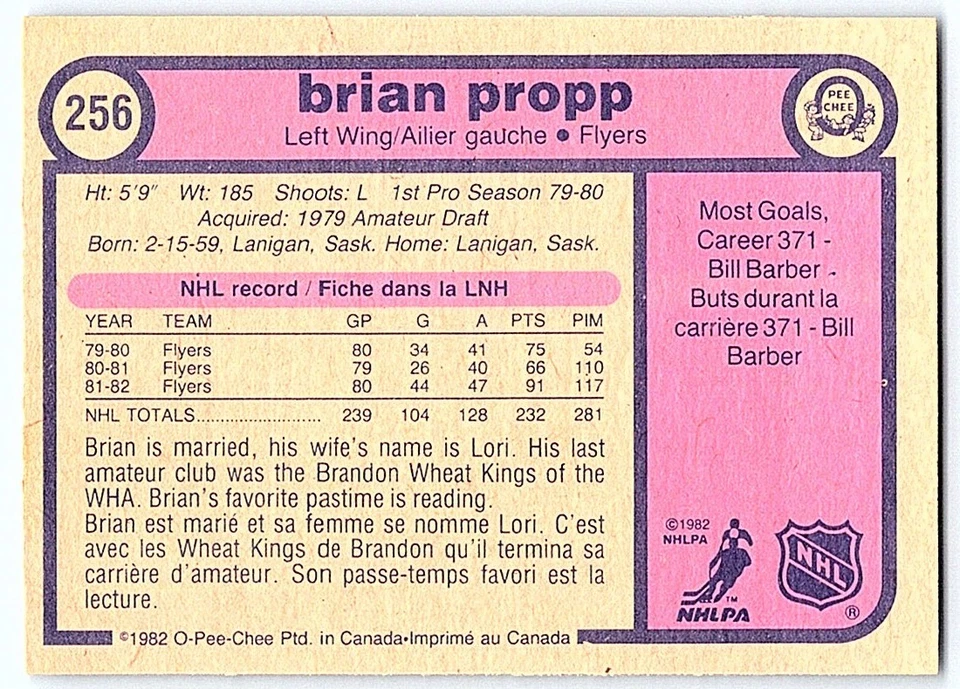 1982-83 O-Pee-Chee Brian Propp Philadelphia Flyers #256 - Image 2 of 2