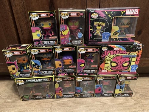 12 Funko Pop! Marvel Blacklight lot - Carnage, Iron Man, Spider-Man, Thor