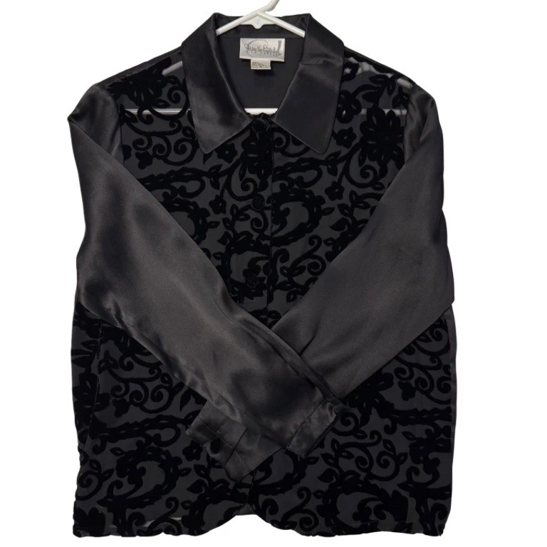 复古 Diane Von Furstenberg 真丝资产黑色丝绸天鹅绒衬衫 S 码 — 第 2/4 张图片