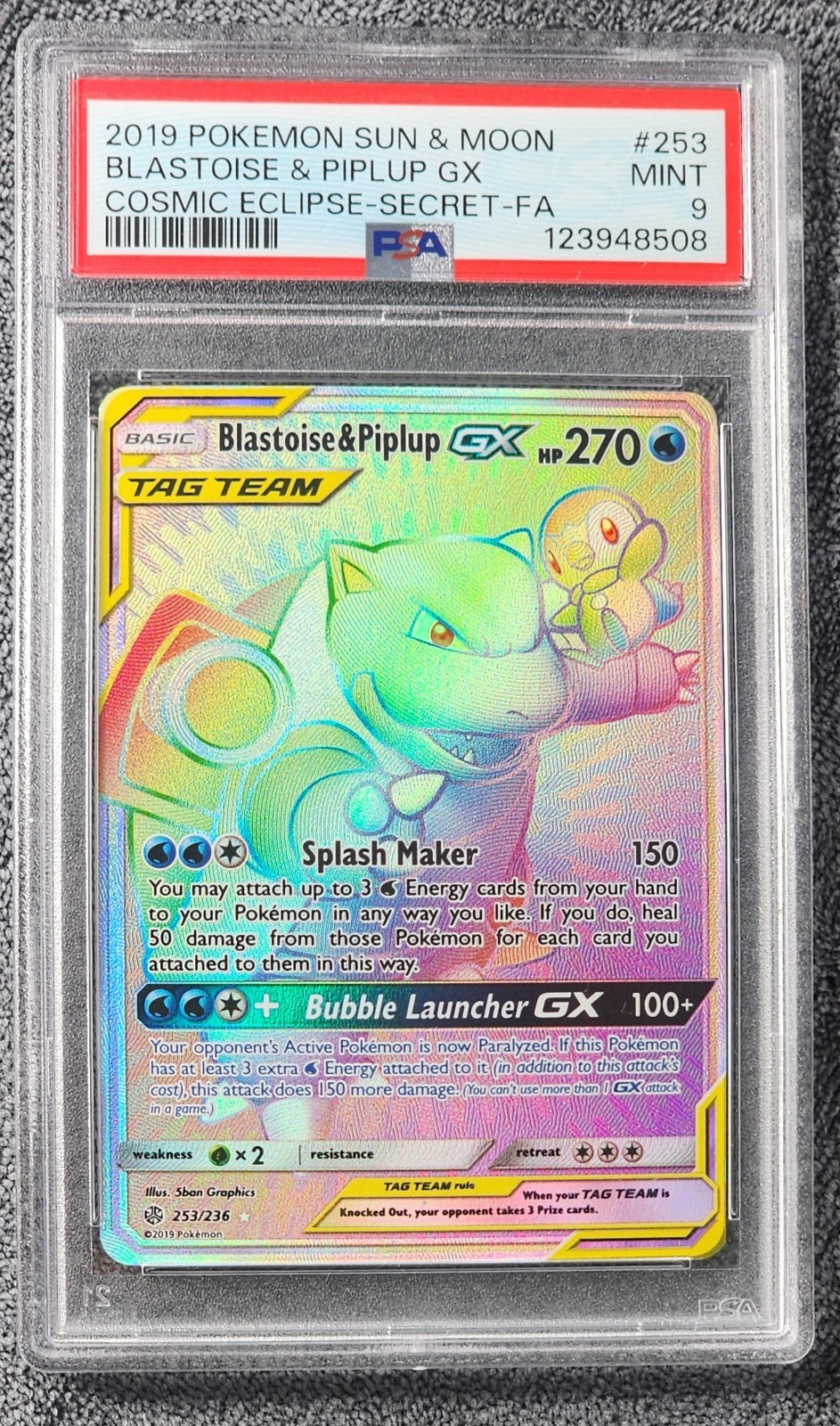 Pokémon Blastoise & Piplup GX (Secret) 253/236 Sm-Cosmic Eclipse Holo PSA 9