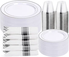 DaYammi 350PCS Silver Plastic Dinnerware Set for 50 Guests, 350, A 