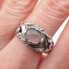 925 Sterling Silver Vintage Real Rose Quartz Floral Oxidized Ring Size 7.75