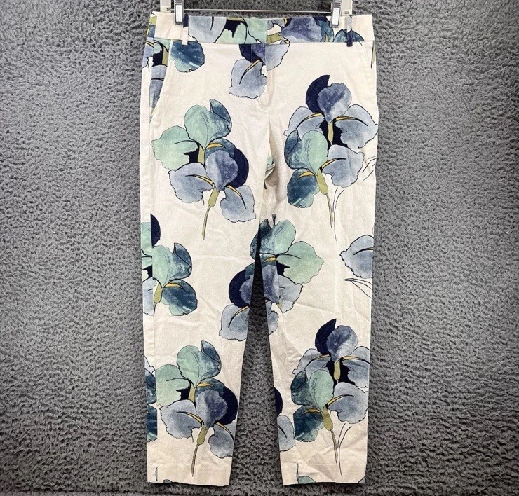 Tory Burch Eliza Cropped Pants Trousers Size 8 White Floral Print Straight Leg