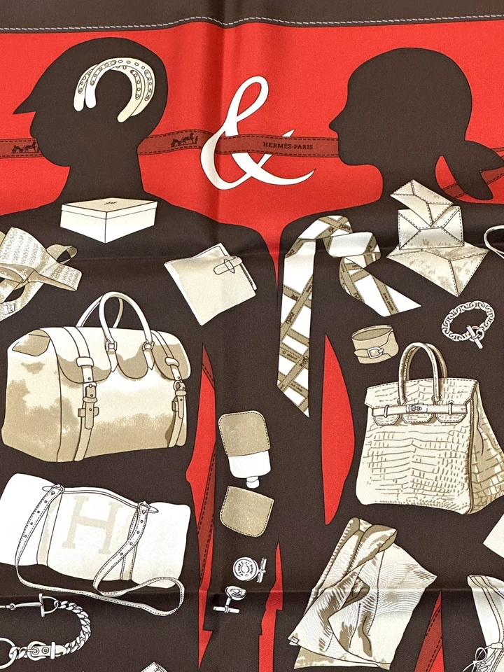 NEW ! VTG HERMES Monsieur et Madame Carre 90 silk scarf Brown Red #y5051 - Image 4 of 4