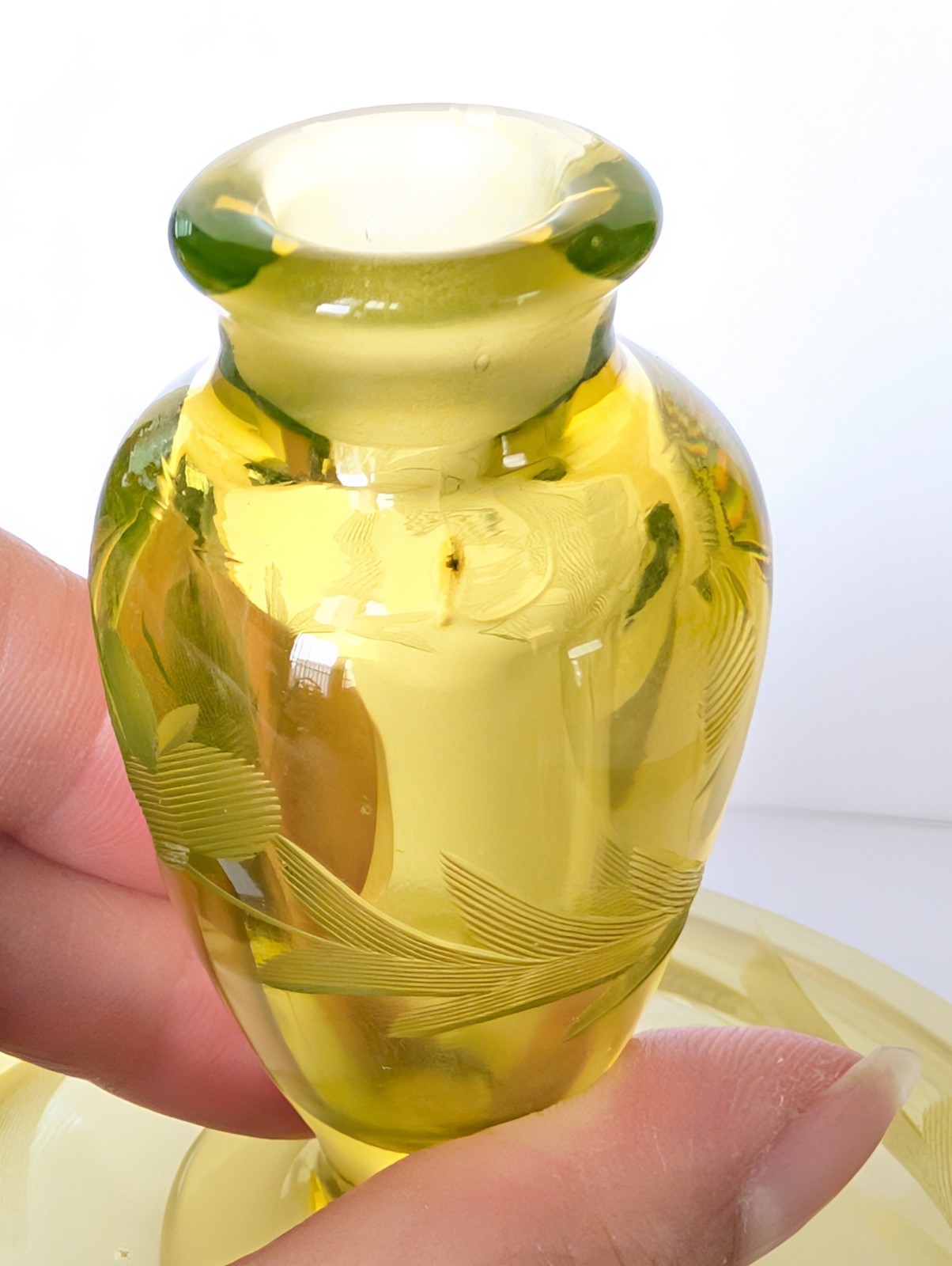 Antique Vaseline Art Glass Fostoria Etched Vanity Powder Jar Perfume Bottle Lid 