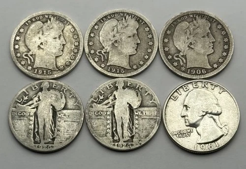 6-Silver Quarters-3 Barbers, 2 Standing Liberty, & 1 Washington-6 Coin Lot