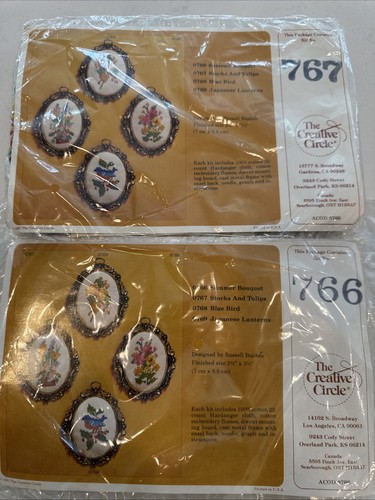 VTG 2 Cross Stitch Kit Mini Creative Circle Florals 767-766 Flowers Metal Frames