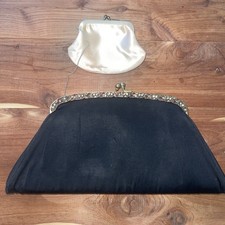 VTG 60s HL USA Handbag Purse Clutch Black Satin Evening Party Bag Snap Coin