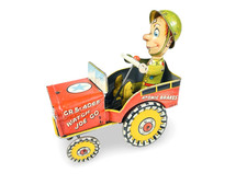 Vintage 1940's Unique Art Tin Litho Wind-Up GI Joe Jouncing Jeep - Works