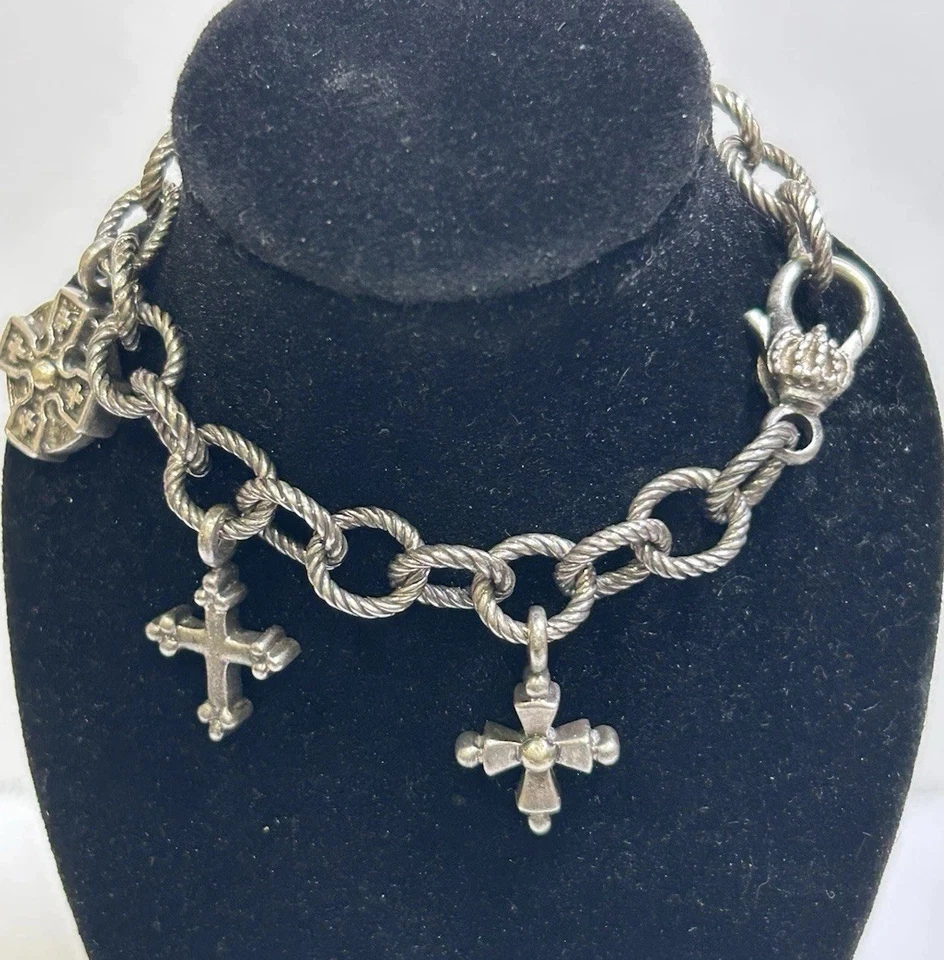 VTG. SIGN Heavy Ann King Sterling Silver 18k Cross Charm Bracelet 7.5”, 40.62 Gr - Image 2 of 4