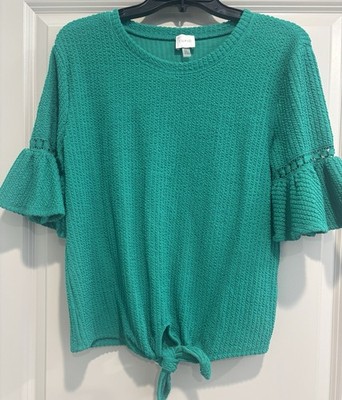 CUPIO Green Textured Knit Top, Flutter Sleeves, Tie Front, Stretch, Small