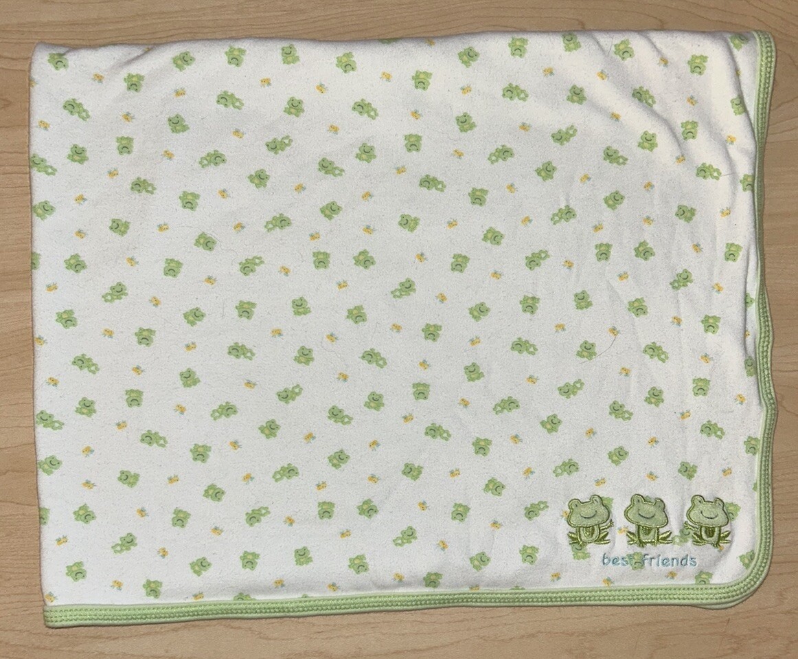 Just One Year Best Friends Frog White Green Cotton Receiving Baby Blanket  24x34