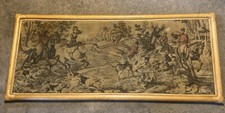Vintage Bamboo FRAMED FRENCH HORSEBACK BOAR HUNTING TAPESTRY 49 X 20.5” Wall Art