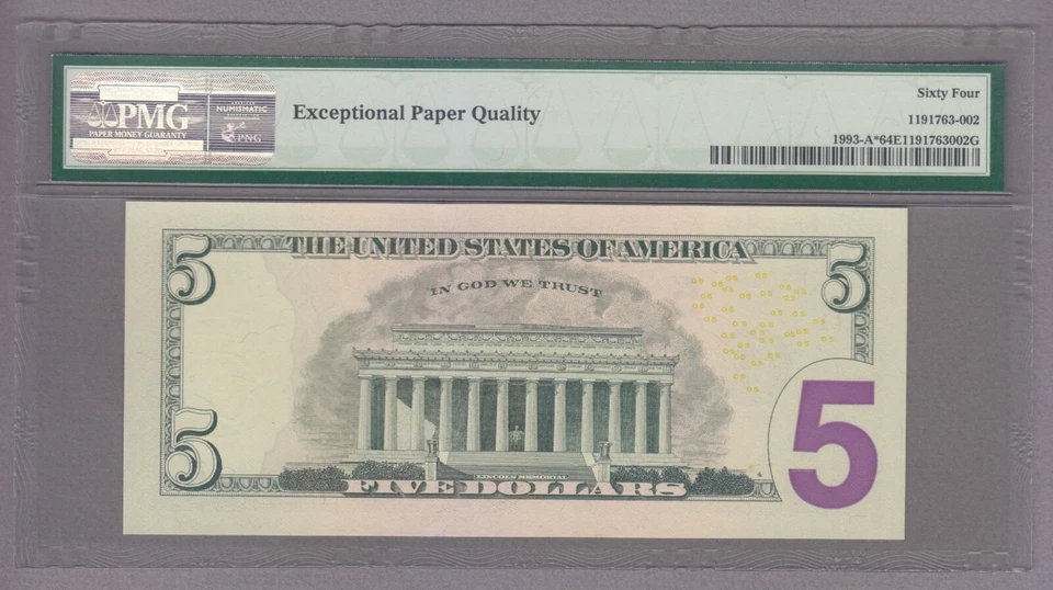 COLLECTORS ITEM #08 - STAR NOTE $5 - 02306562 - FR#1993-A* PMG 64 - evTT762 - Image 2 of 2