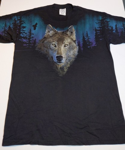 1996 Peter Kull Wolf Northern Lights graphic T-Shirt Size men's Medium EUC 6V