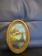 tableau peinture paysage peint à la main signé cadre en bois doré 