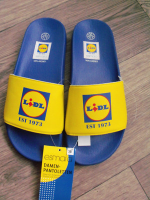 original ''Lidl EST 1973- Edition''- Pantoletten Gr.: EU 38 blau- gelb nagelneu