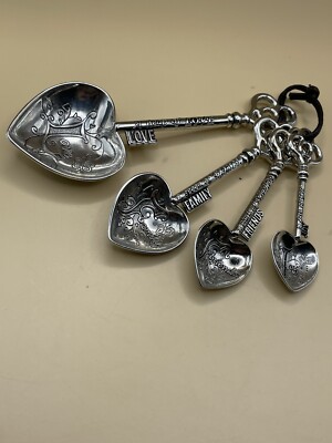 4 Silver Tone Heart Shaped Measuring Spoons Love Family Friends Joy butterflies
