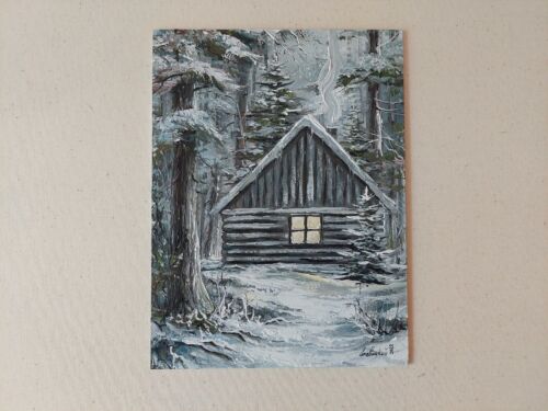 Snowy hunting lodge in a pine forest oil painting High Quality Winter season art - Afbeelding 1 van 7