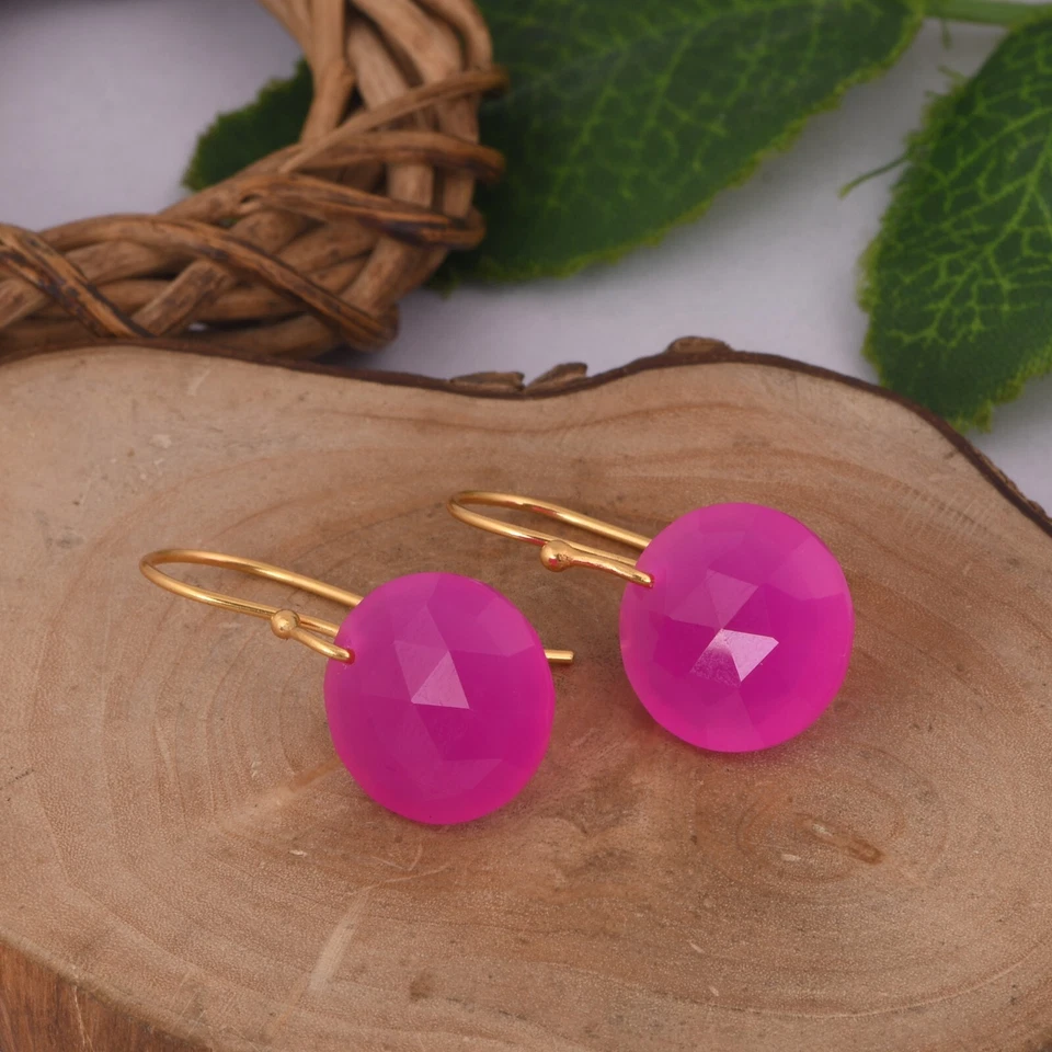 Faceted Pink Chalcedony Ear Wire Earrings 18k Gold Plated Handmade Earrings — 第 4/4 张图片