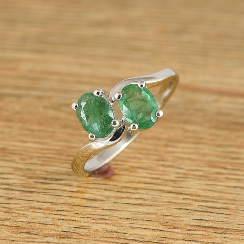 Oval Cut Natural Green Emerald Dainty Two-stone Bypass Ring 925 Sterling Silver - Picture 4 of 4