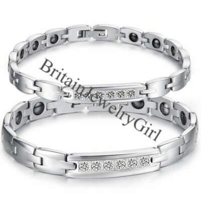 Men Women Stainless Steel Couple Bracelet Magnetic Therapy CZ Charm Link  Bangle