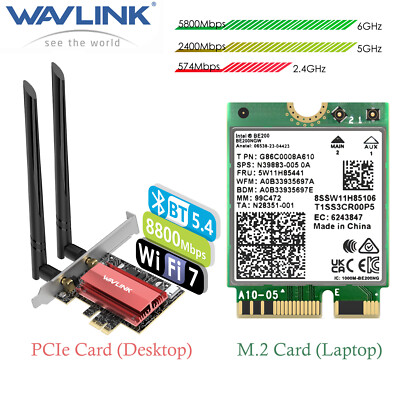 Wi-Fi 7 Tri-Band 8800Mbps PCIe/M.2 Card Bluetooth 5.4 Win 10/11 Desktop/Lapt