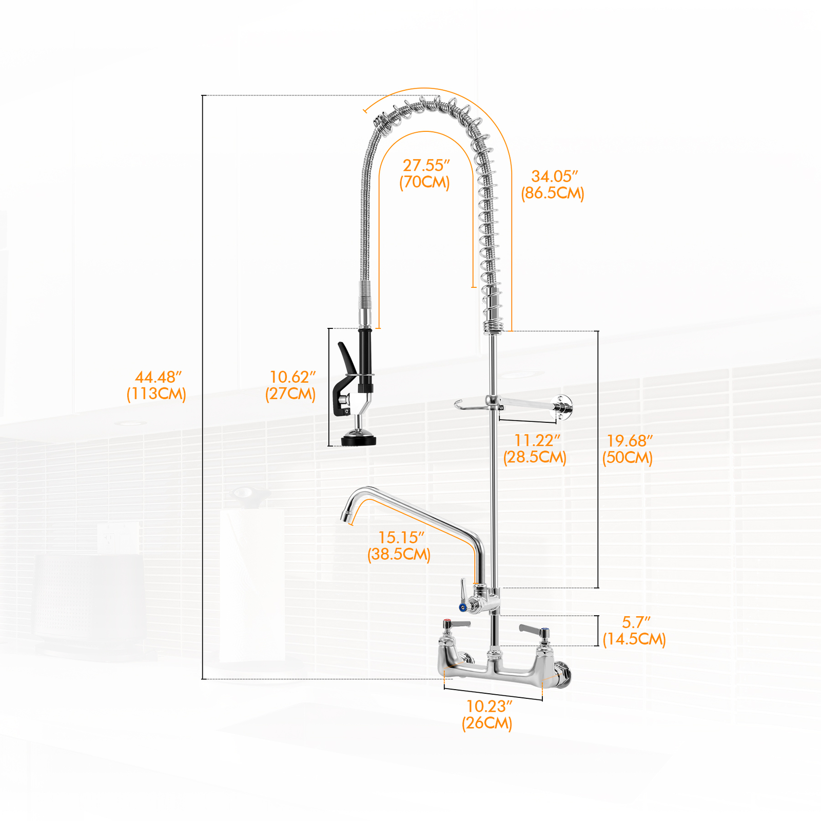 44" Heigh Commercial Pre-rinse Faucet Wall Mount Kitchen Sink Faucet w/ Sprayer
